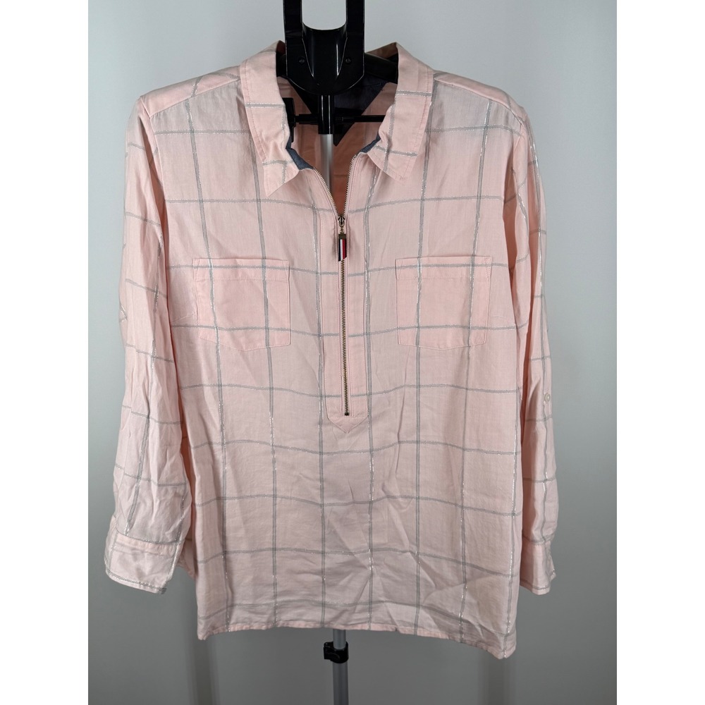 Tommy Hilfiger Pink Silver Metallic Plaid Quarter Zip Blouse Womens 1X